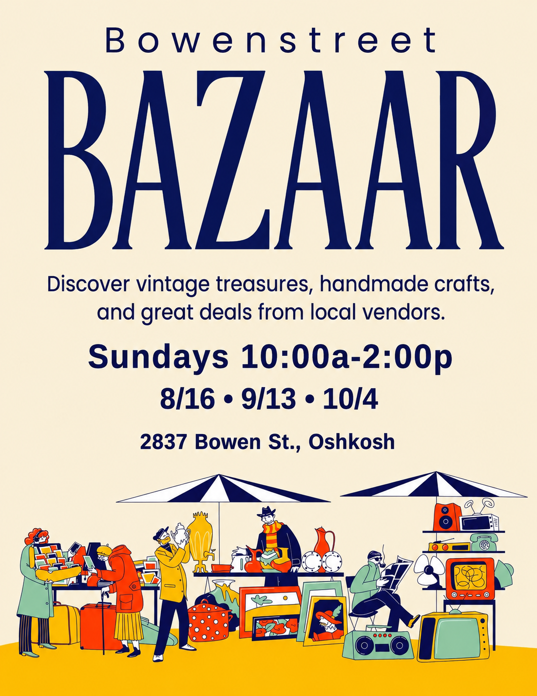 Bowenstreet Bazaar poster with the 2026 event dates and illustrated local market vendors